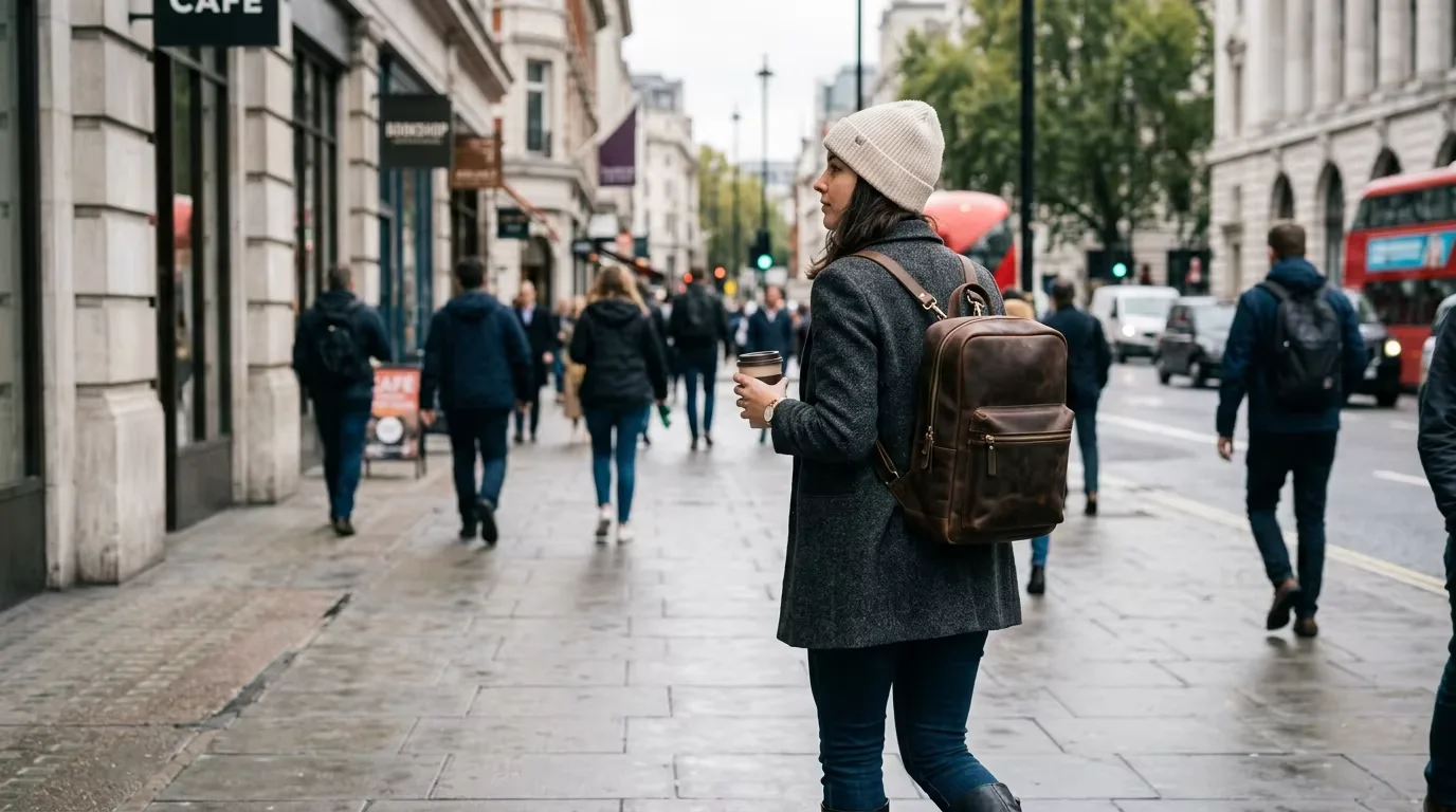 Woman wearing leather backpack on city street — backpacks perform strongly in commuter, student and travel retail channels where ergonomic load distribution over distance matters more than styling versatility