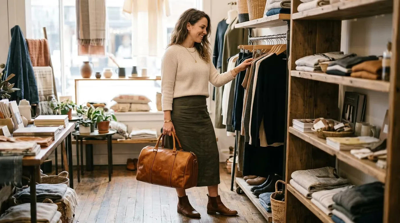 Woman holding a tan leather boston bag in a boutique setting — the boston bag's relaxed yet structured aesthetic and broad demographic appeal make it one of the strongest volume performers in wholesale handbag production