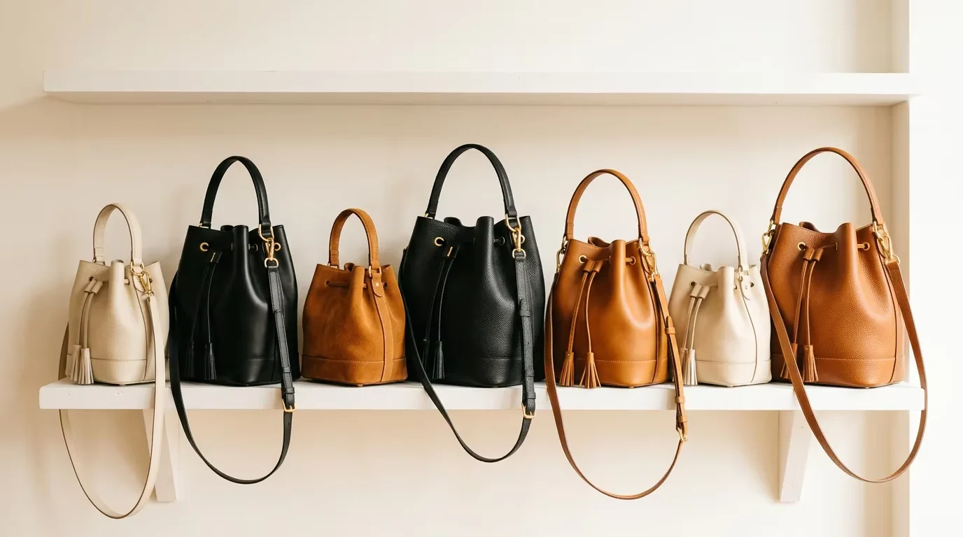 A selection of leather bucket bags in different sizes and colorways displayed on a retail shelf, showing the range of silhouettes and materials available in wholesale production from compact mini to oversized