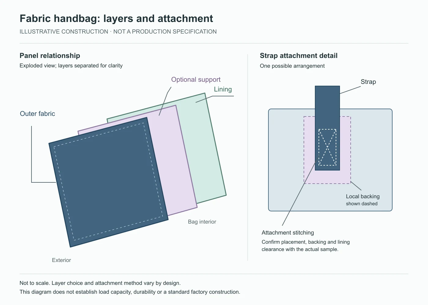 Illustrative exploded handbag panel showing outer fabric, optional support, lining and a separate strap attachment detail