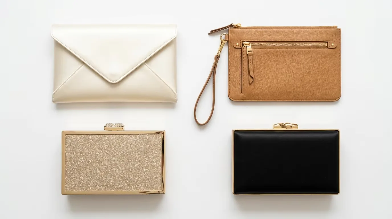 Flat lay collection of clutch bag styles: envelope clutch in ivory satin, leather wristlet in tan, gold minaudiere and black box clutch — the four main clutch formats in wholesale handbag production