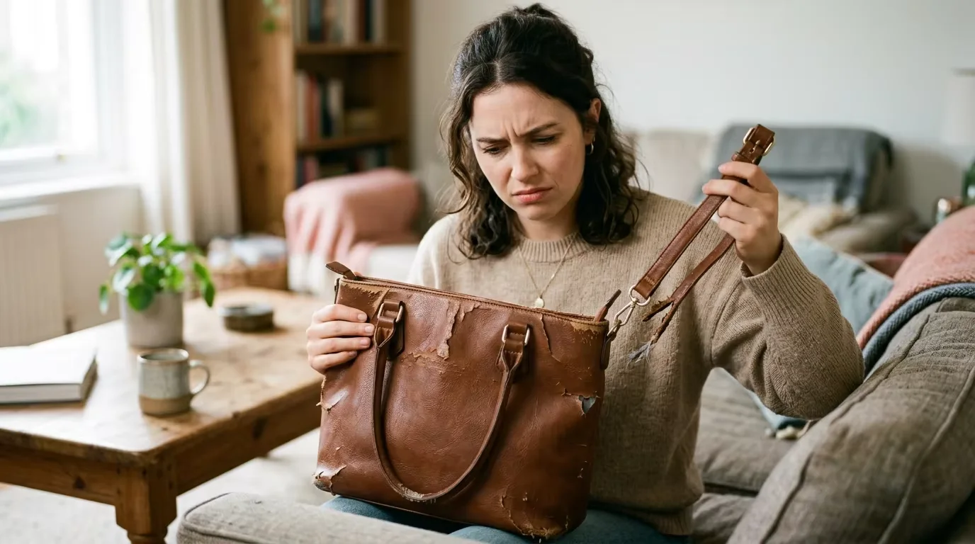 Disappointed buyer examining a poor quality bag with peeling surface and structural issues — common sourcing mistakes from Chinese factories are expensive but entirely preventable with the right preparation