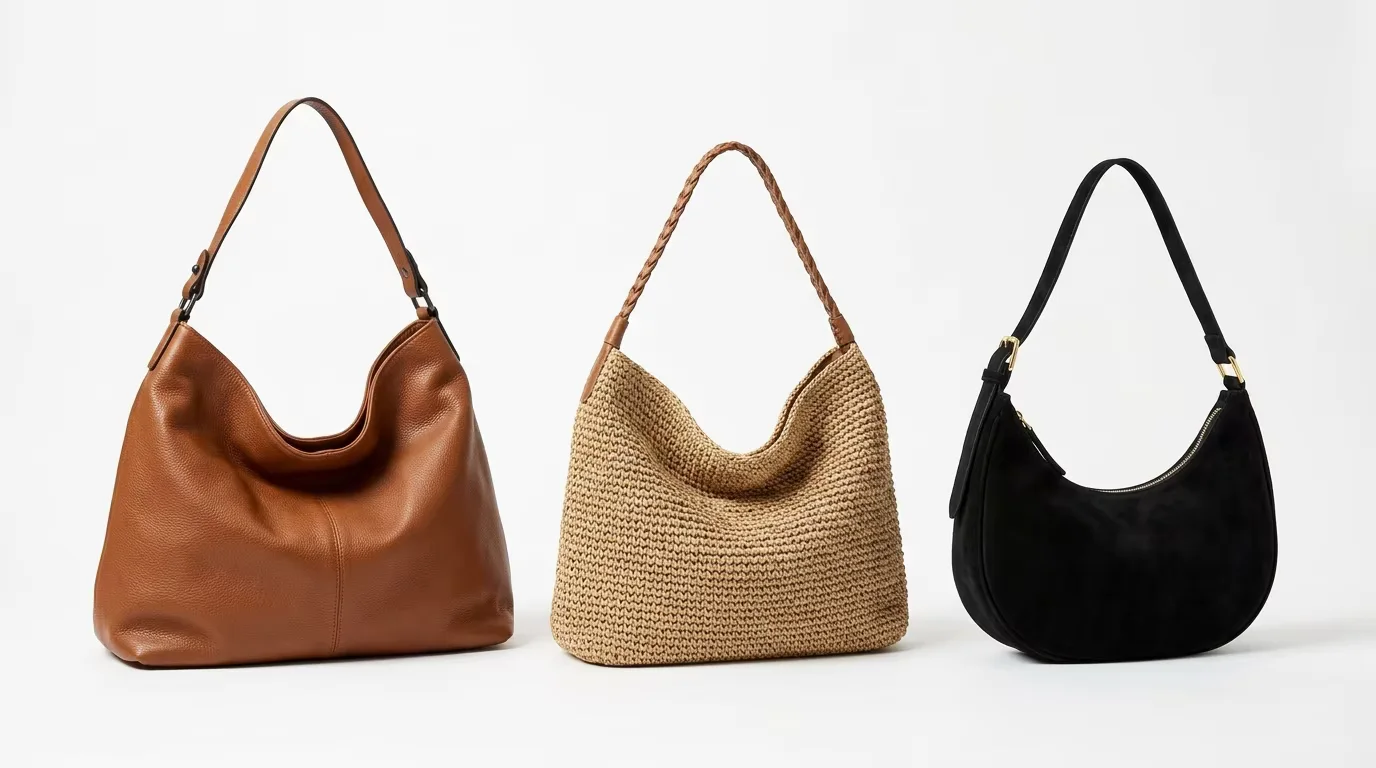 Collection of hobo bag silhouettes: large soft leather hobo, medium woven hobo and small crescent hobo on white background — showing the range of sizes and materials within the hobo bag category