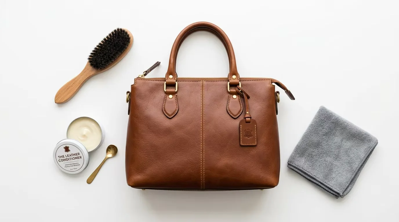 Leather care tools including a soft brush, leather conditioner cream, and microfiber cloth arranged next to a brown leather bag — the complete basic care kit for maintaining genuine leather handbags