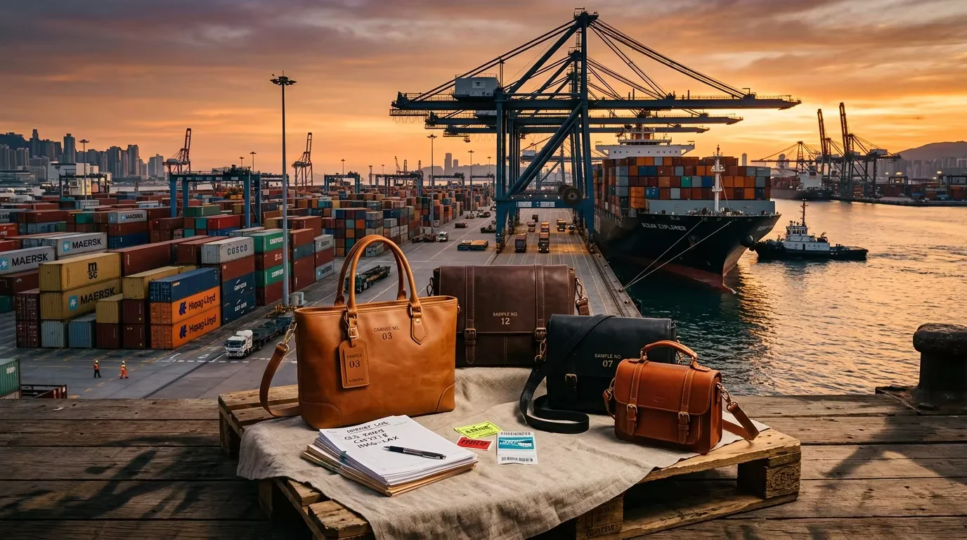Shipping containers at port — international freight and customs clearance is the final stage in ordering handbags from China, requiring correct documentation and an experienced customs broker