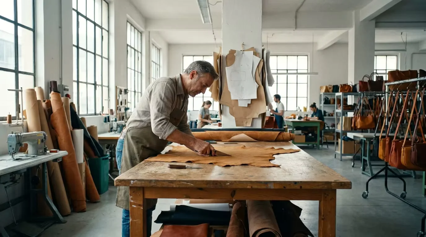 Craftsman cutting premium leather in a handbag factory