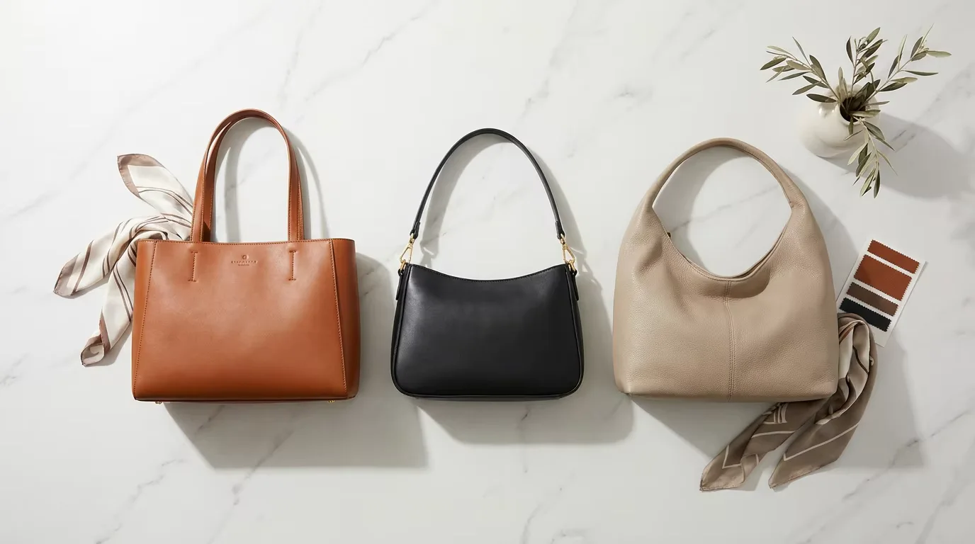 Finished luxury leather handbags displayed in a row