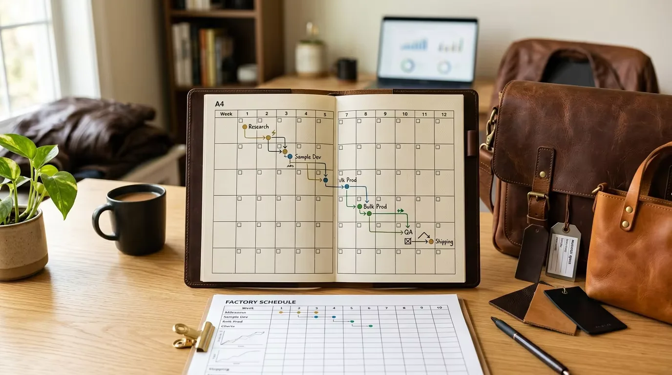 Production planning calendar on desk with leather bag samples — understanding and managing leather bag lead time requires structured planning from sample approval through bulk delivery