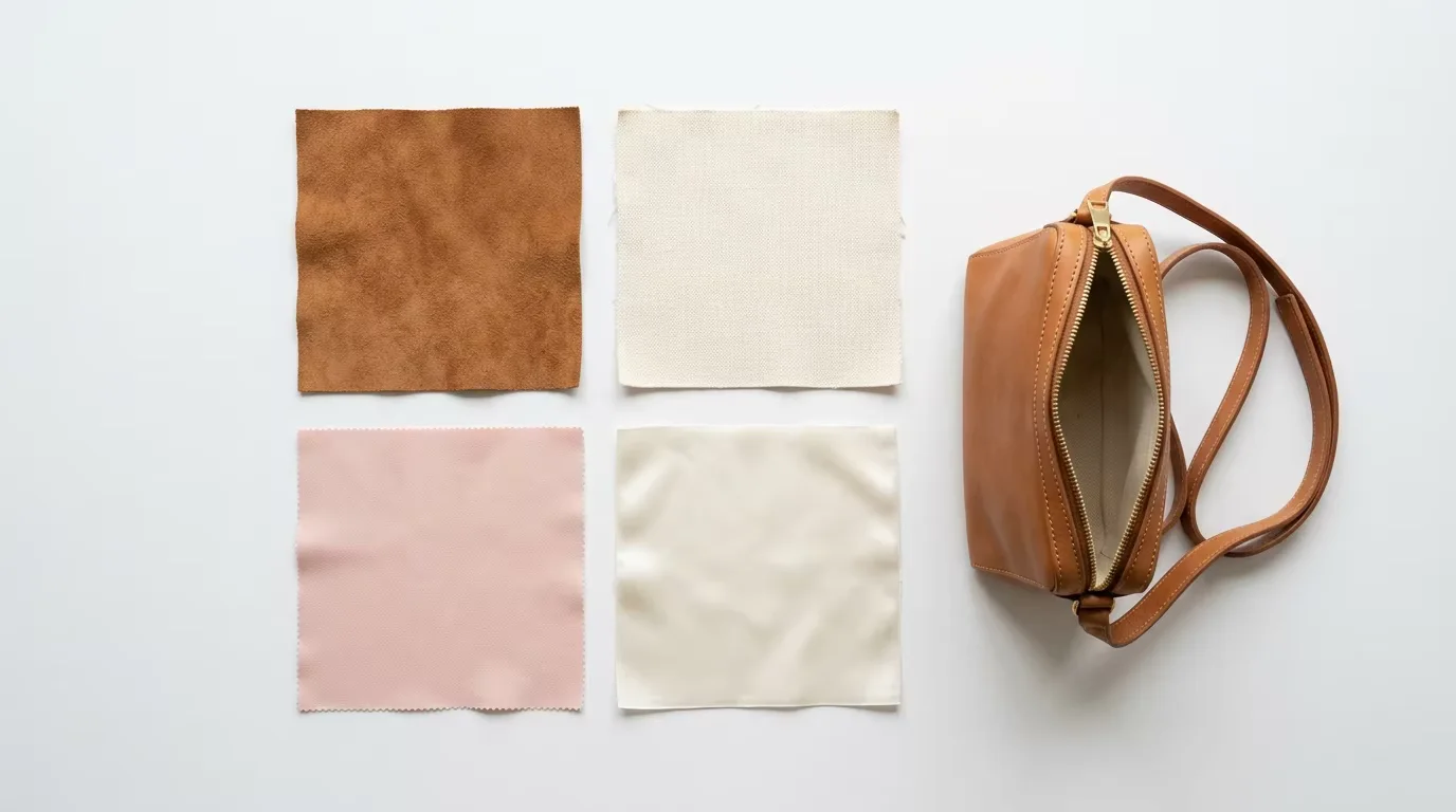 Flat lay of handbag lining fabric swatches in suede cognac, cream canvas, blush polyester and ivory satin — the four most commonly specified lining materials in wholesale leather bag production