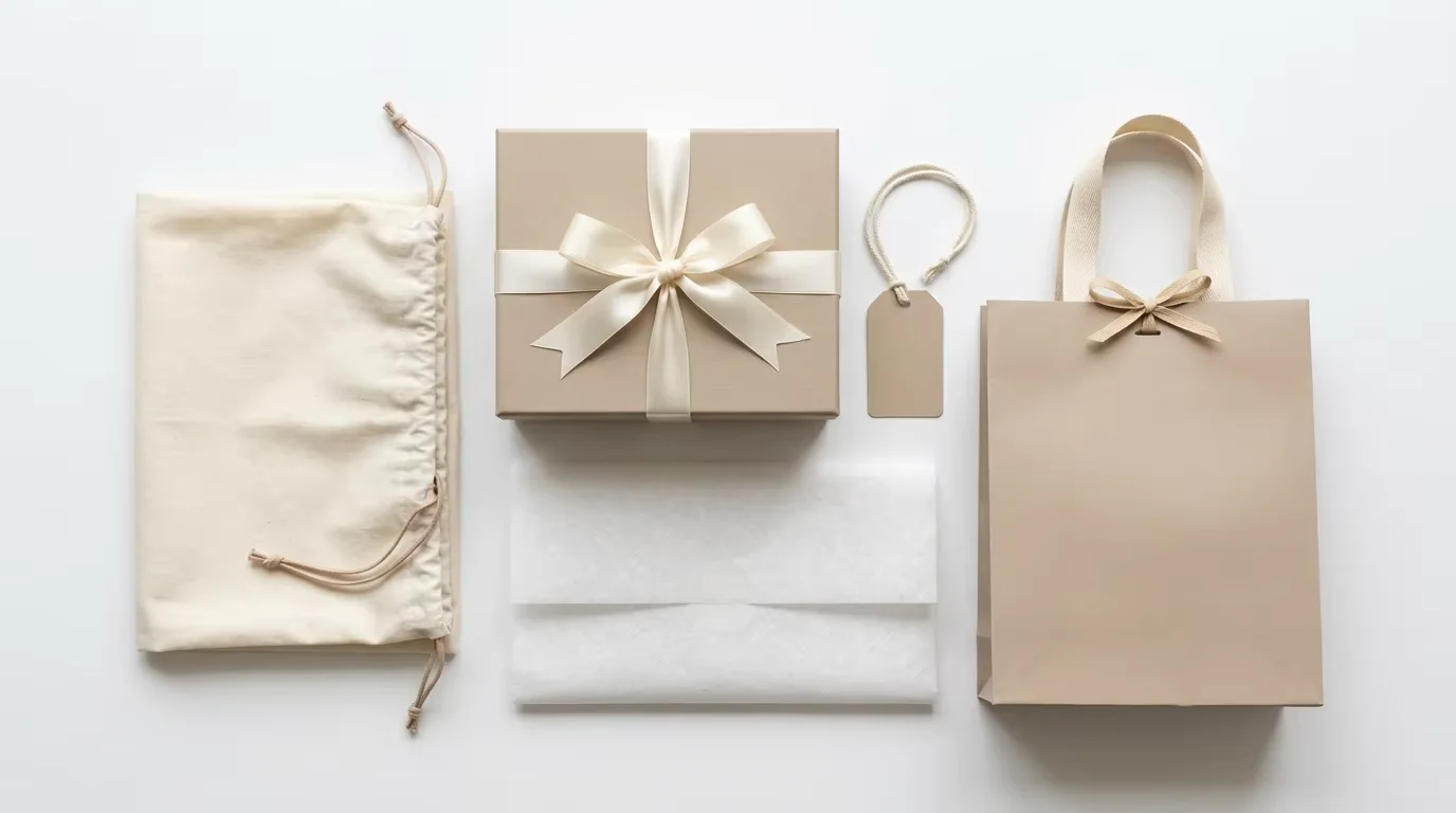 Complete handbag packaging collection flat lay: branded dust bag, gift box with ribbon, tissue paper, swing tag and shopping bag — the full suite of retail-ready packaging options available in wholesale handbag manufacturing