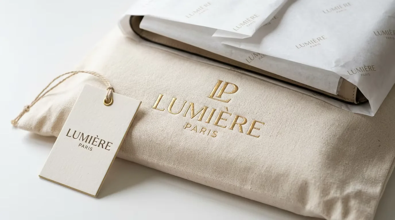 Close-up of branded dust bag with embossed logo, custom swing tag and tissue paper — branded interior packaging creates a distinctive brand touchpoint that reinforces purchase satisfaction