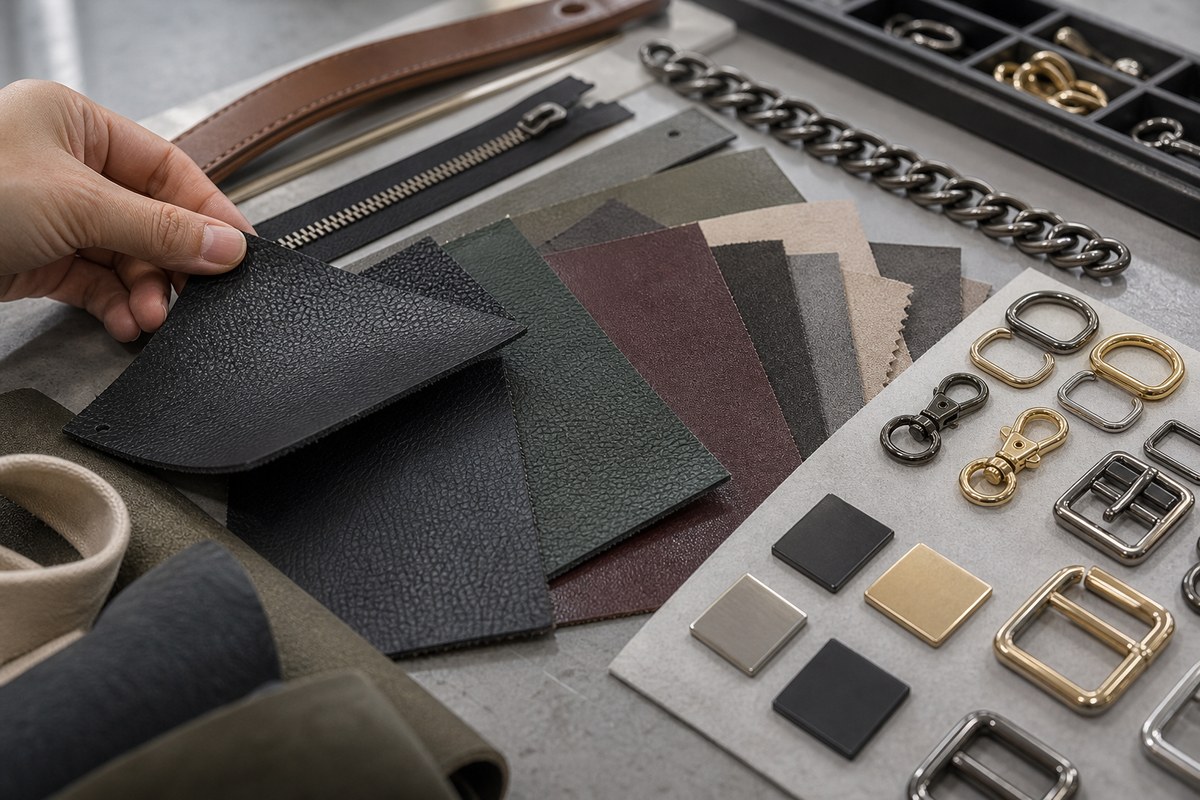 Leather swatches and hardware options for custom shoulder bag wholesale orders
