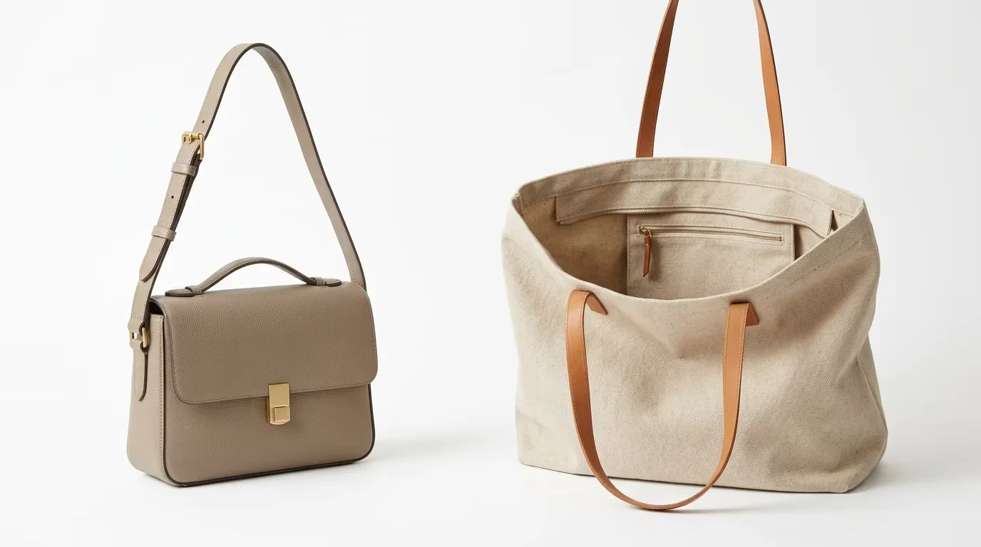 A structured leather shoulder bag and a large open leather tote bag displayed side by side, illustrating the key silhouette and proportion differences between the two most popular wholesale handbag categories