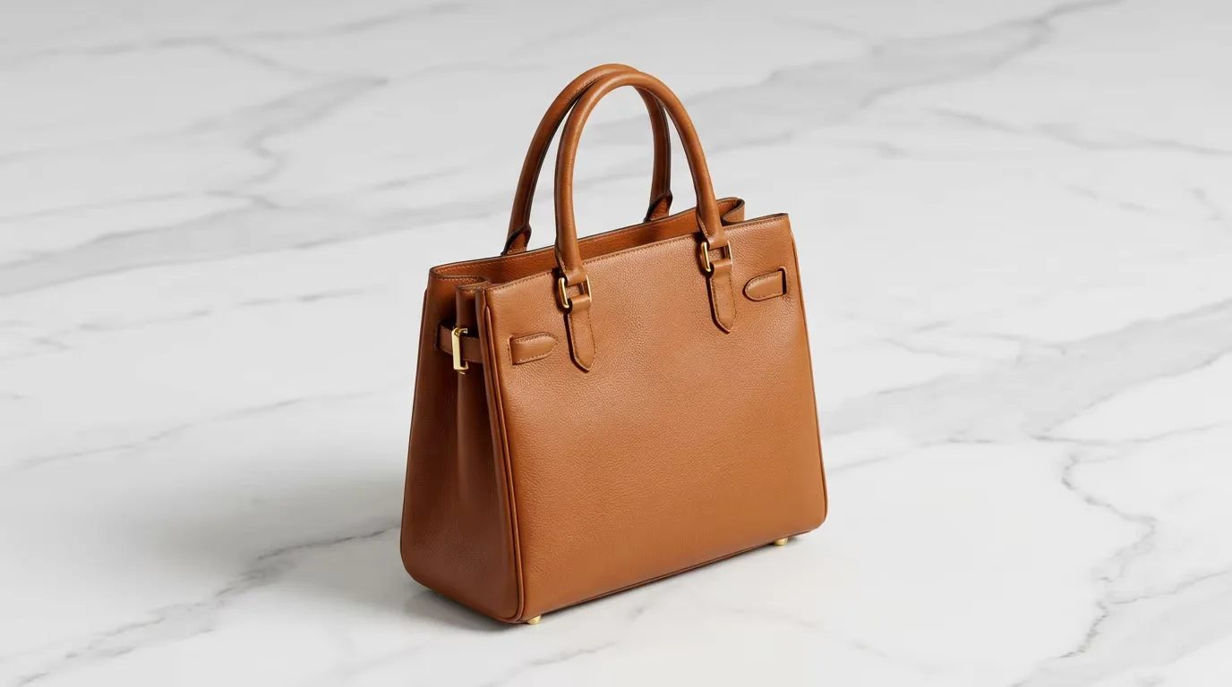 A structured genuine leather tote bag in tan cognac on white marble — the gold standard for custom tote sourcing