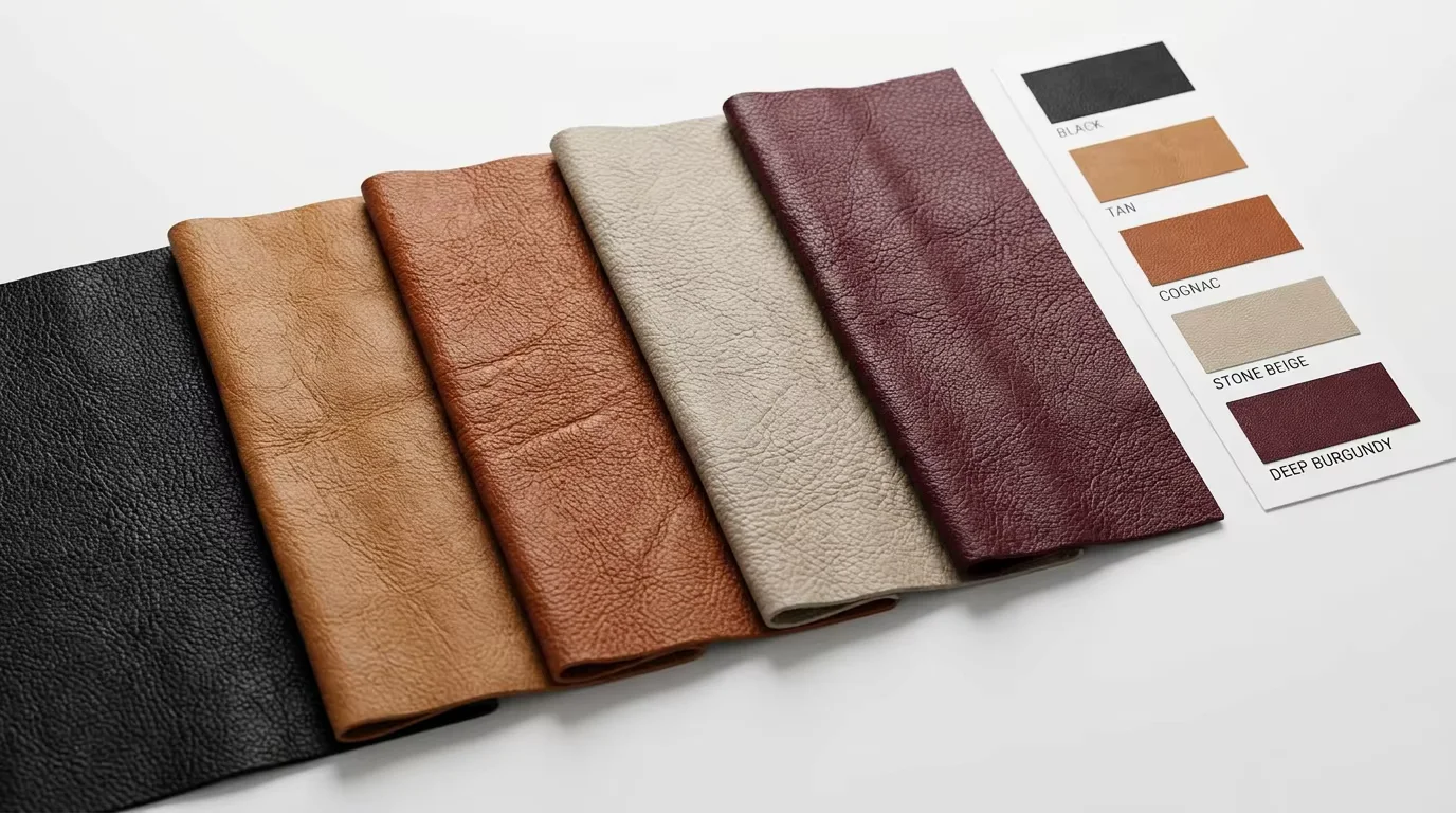 Leather swatches in five colorways — black, tan, cognac, stone beige, and deep burgundy — with a color reference card