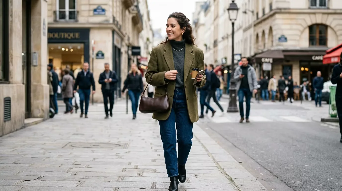 Woman tucking a leather baguette bag under her arm on a city street — the underarm carry position that defines this bag category and creates its distinctive styling proposition