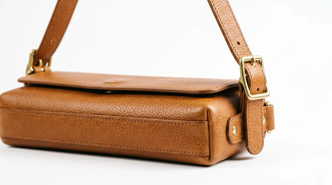 Close-up of a leather baguette bag showing its horizontal silhouette, single strap hardware and magnetic snap closure — material and construction details that define wholesale underarm bag quality