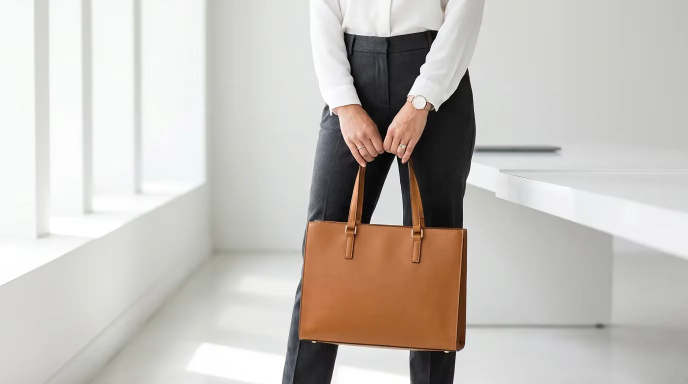 Professional woman in a minimalist white office holding a structured genuine leather tan tote bag