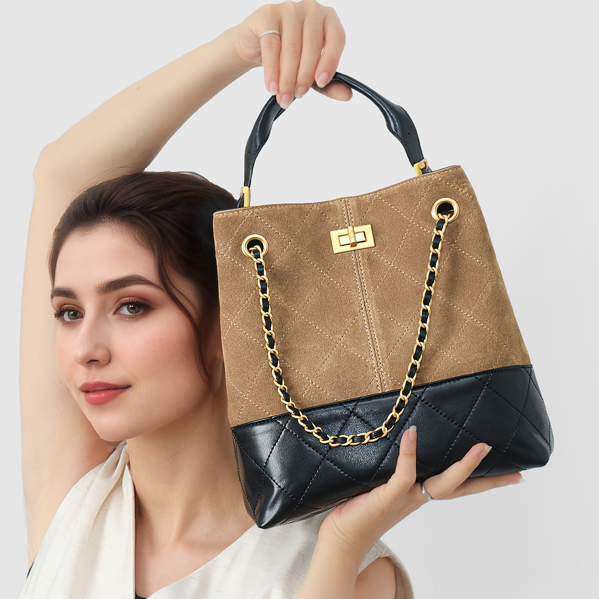 Color Block Genuine Leather Bucket Shoulder Bag Women Crossbody Commuter Bag Niche Design product image