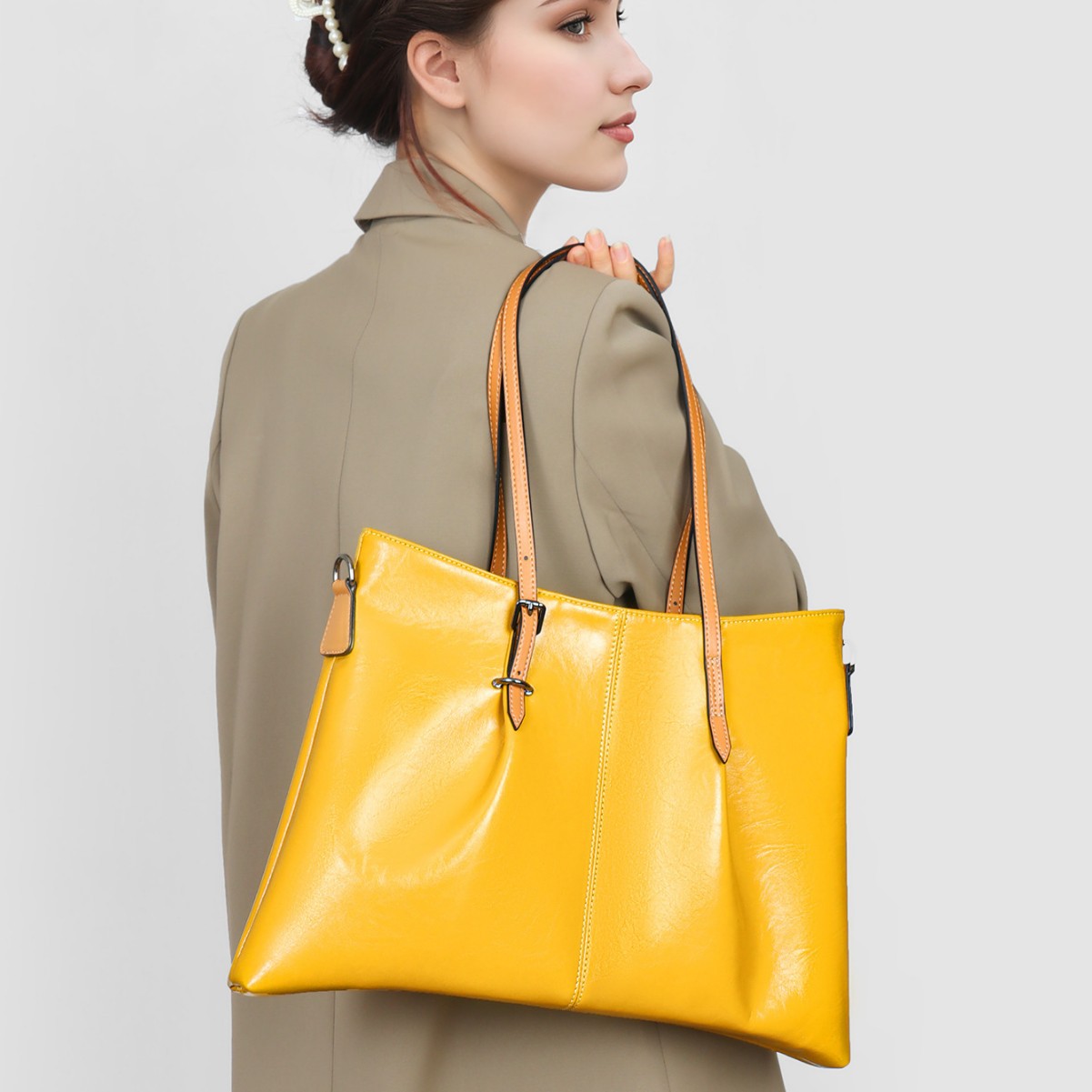 Color-Block Genuine Leather Large Tote Bag — Yellow product image