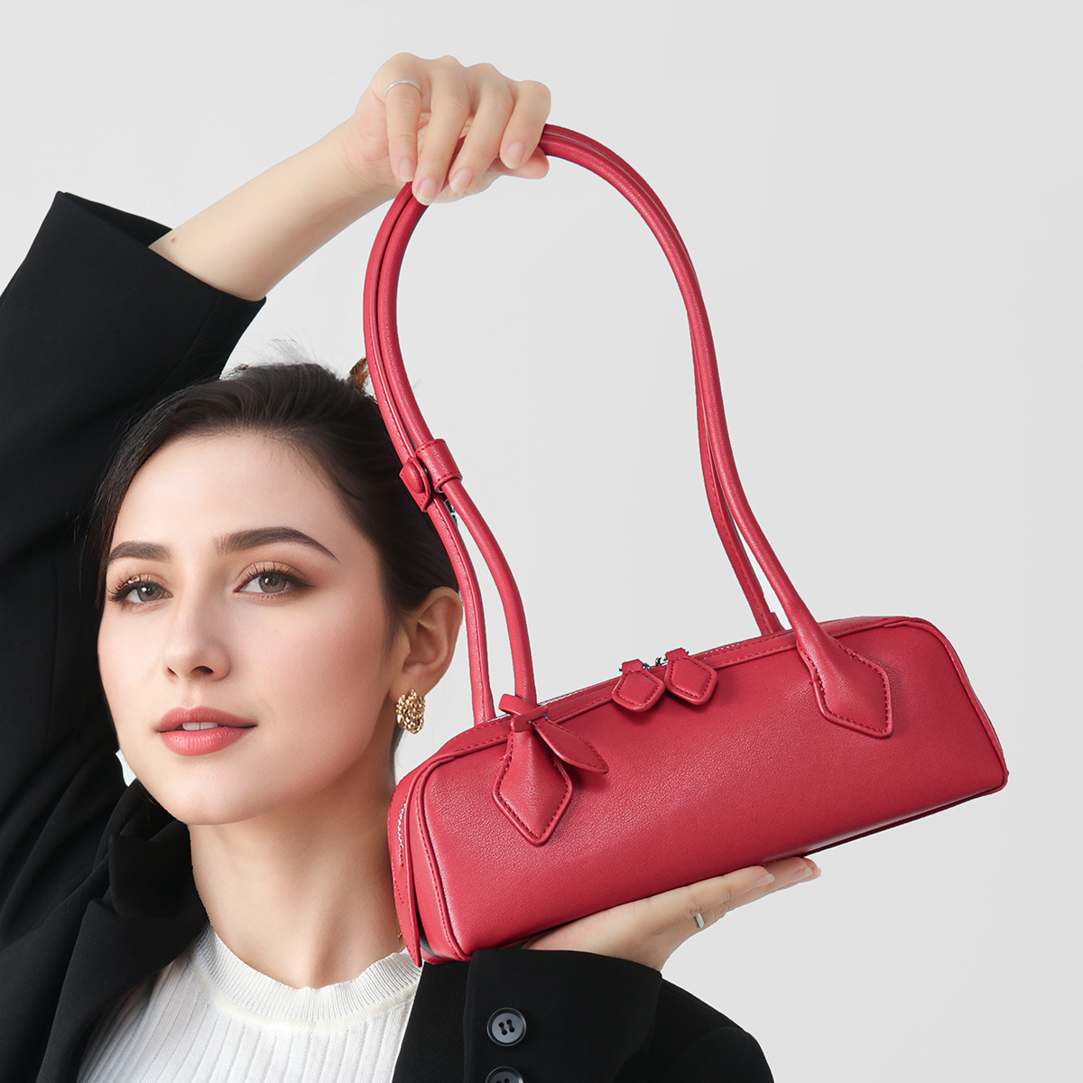 Genuine Leather Baguette Underarm Bag Women Shoulder Crossbody Commuter Niche Red Bag product image