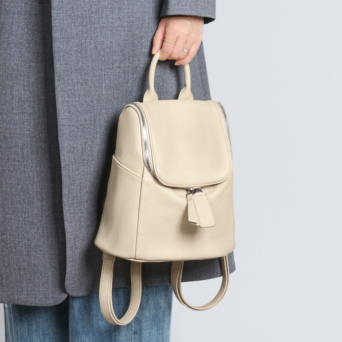 Genuine Leather Mini Backpack — Off-White with Zip Flap product image