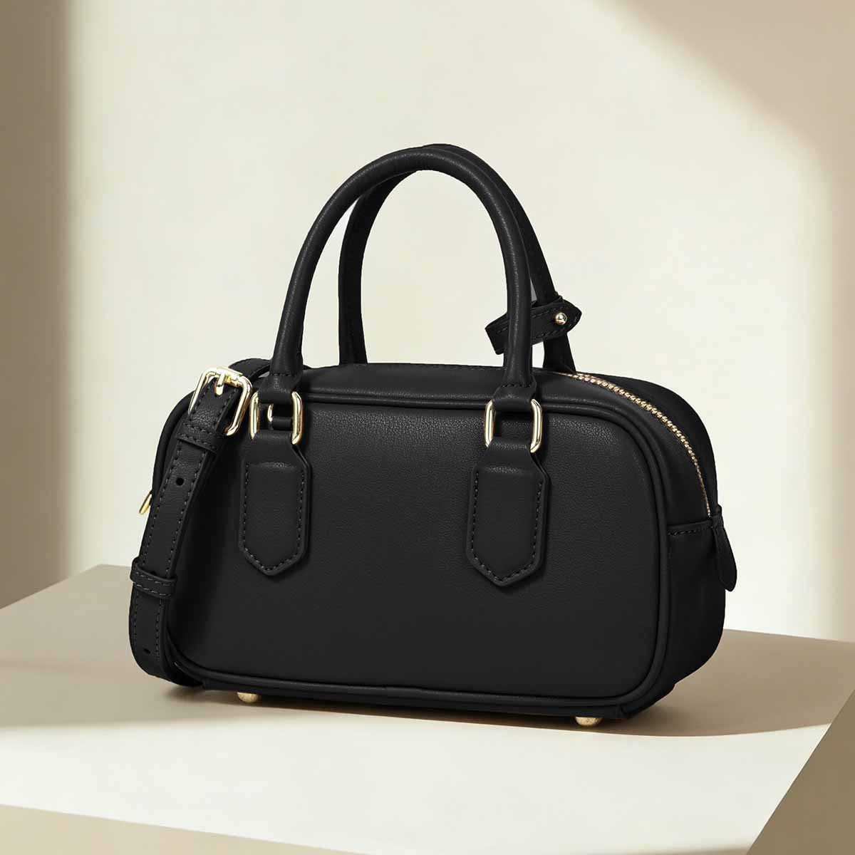 Genuine Leather Mini Boston Bag — Black with Gold Hardware product image
