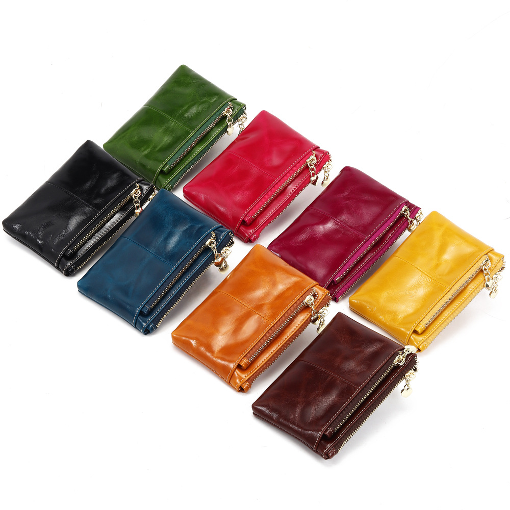 Genuine Leather Short Wallet Women RFID Blocking Oil-Wax Leather Multi-Card Zipper Purse product image