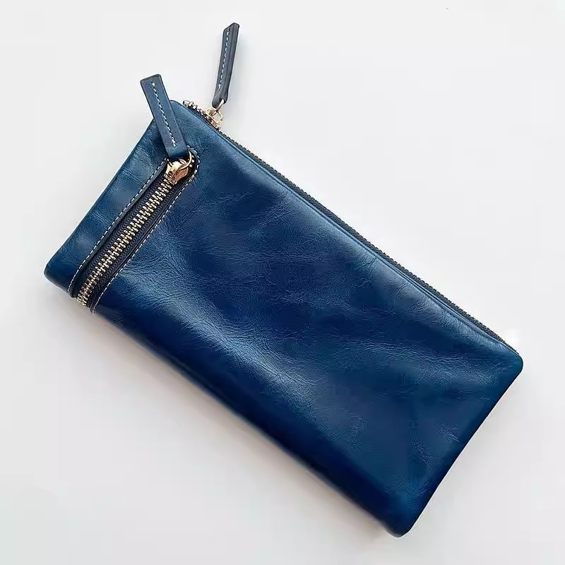 Genuine Leather Zip Clutch Wallet Men Women Retro Phone Bag Card Holder Bifold Purse product image