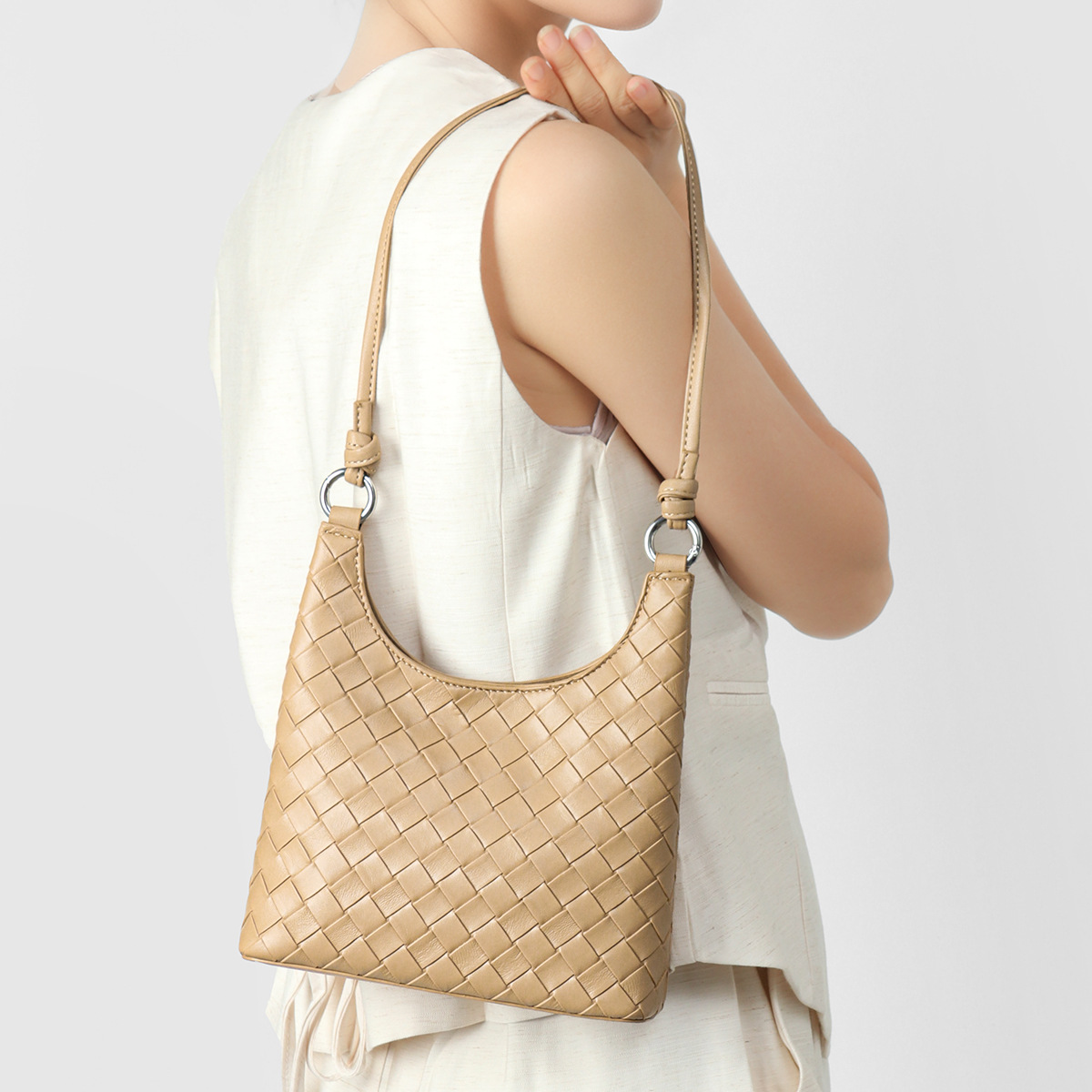 Intrecciato Hand-Woven Genuine Leather Hobo Bag — Camel product image
