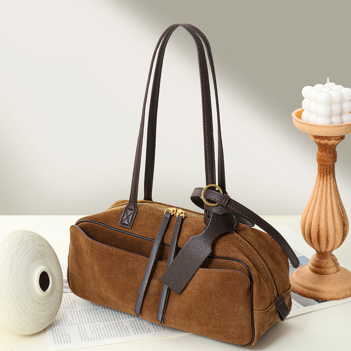 Korean Style Genuine Leather Boston Bowling Bag Women Commuter Large Capacity Top-Handle product image