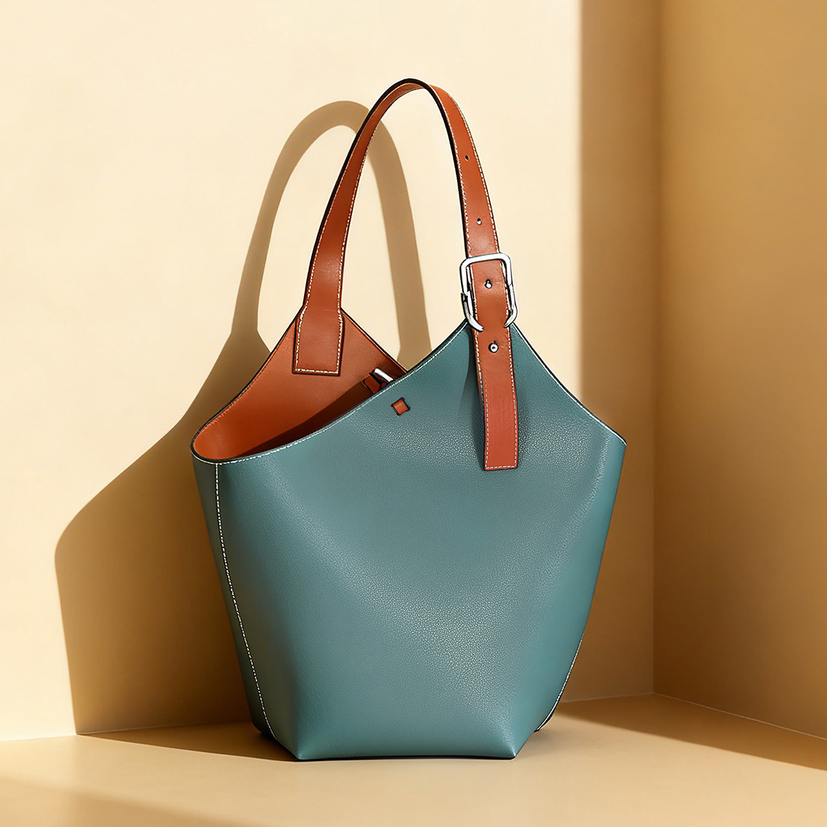 Large Leather Bucket Tote — Teal with Cognac Contrast Strap product image