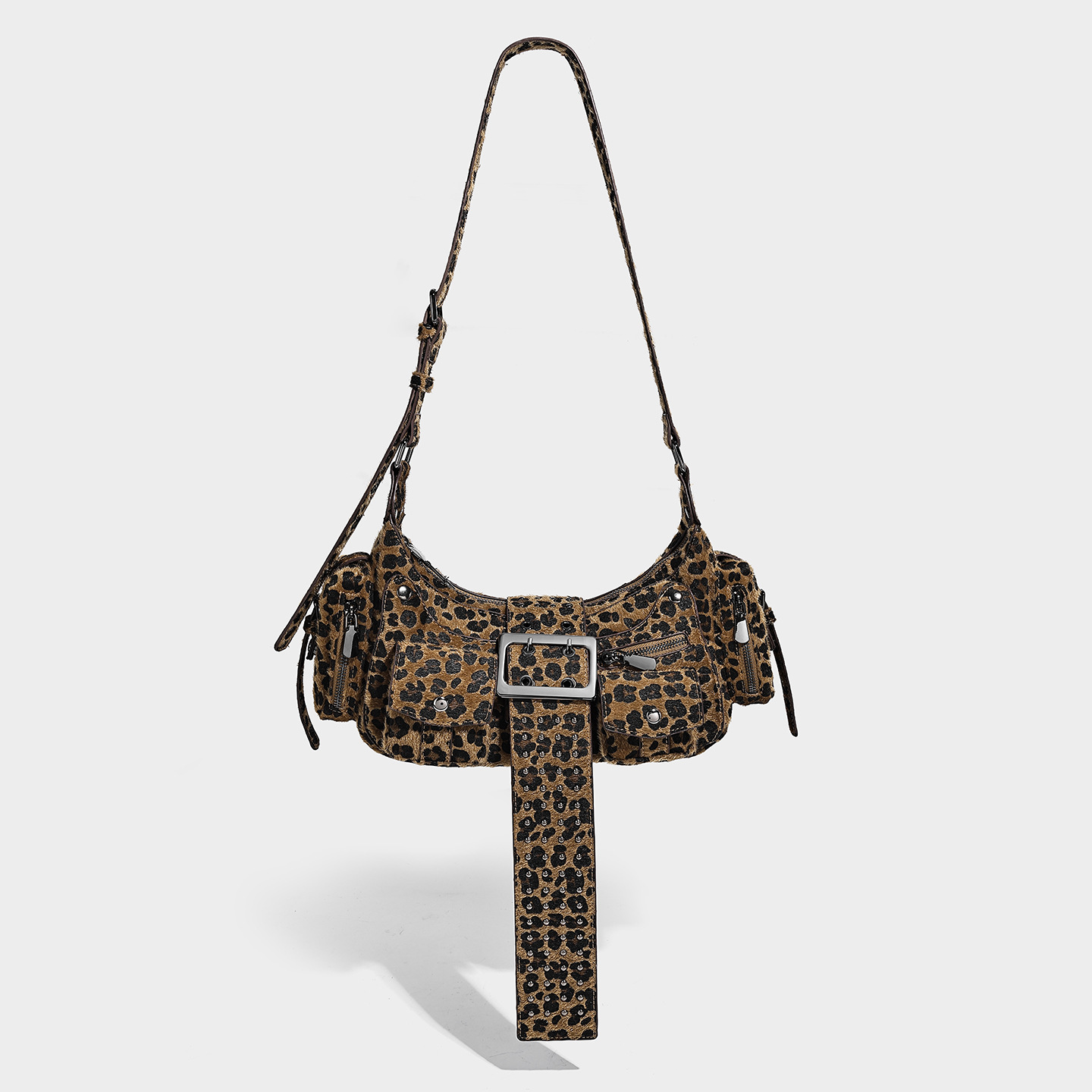 Leopard Print Vegan Leather Moto Underarm Bag — Studded