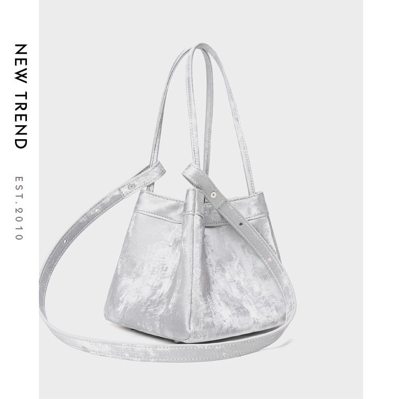 Metallic Leather Bucket Shoulder Bag — Silver with Dual Strap