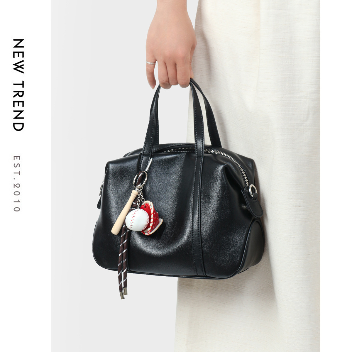 Oil-Wax Leather Boston Bag — Black with Baseball Charm product image