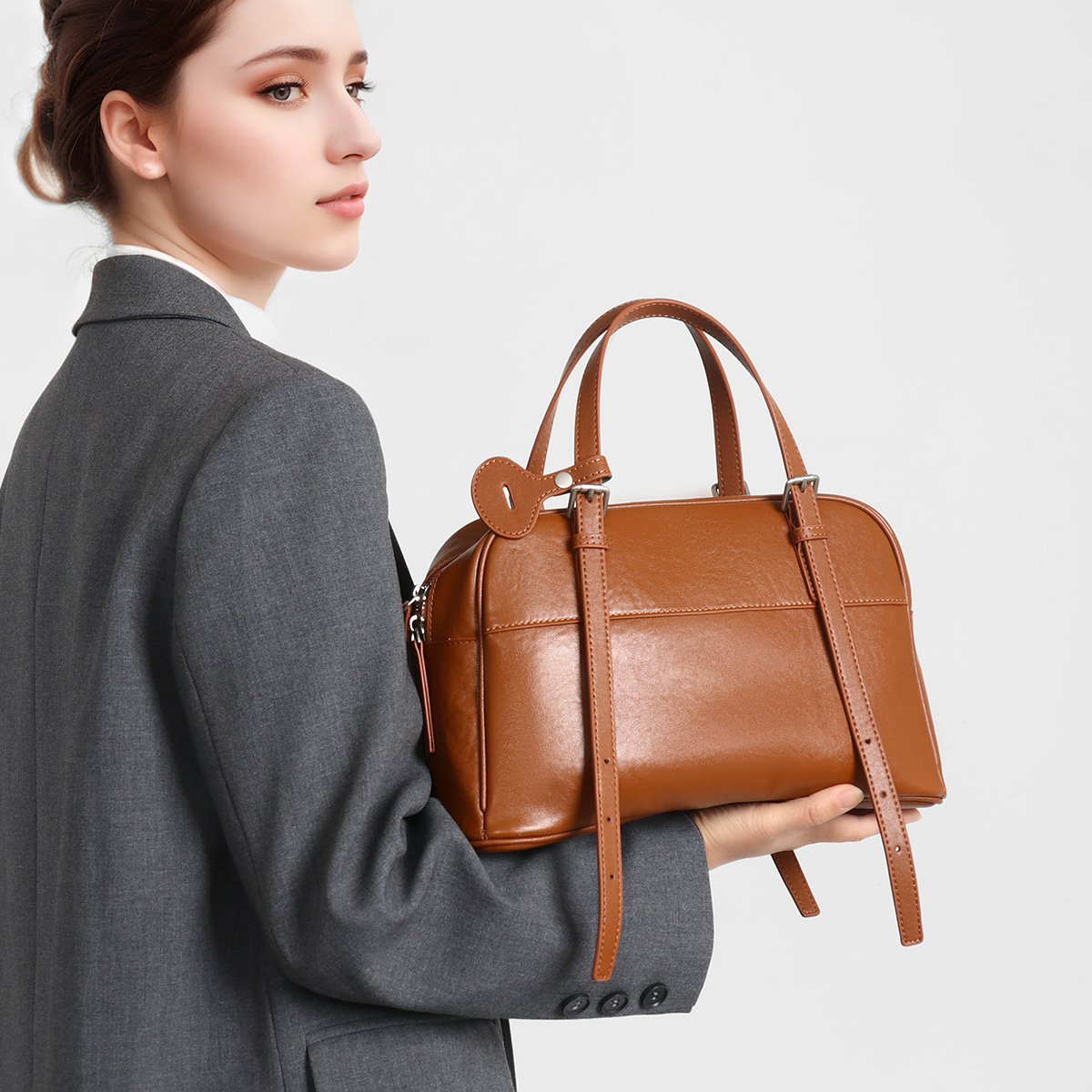 Oil-Wax Leather Boston Bag — Cognac, Dual-Carry product image