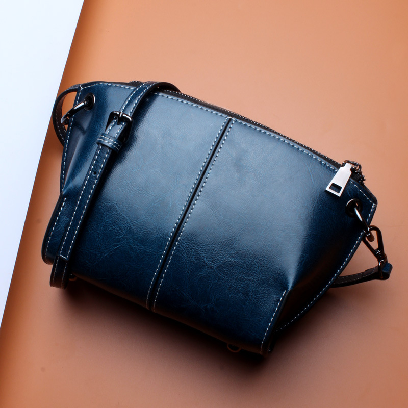 Oil-Wax Leather Crossbody Bag — Navy Blue with Saddle Stitch product image