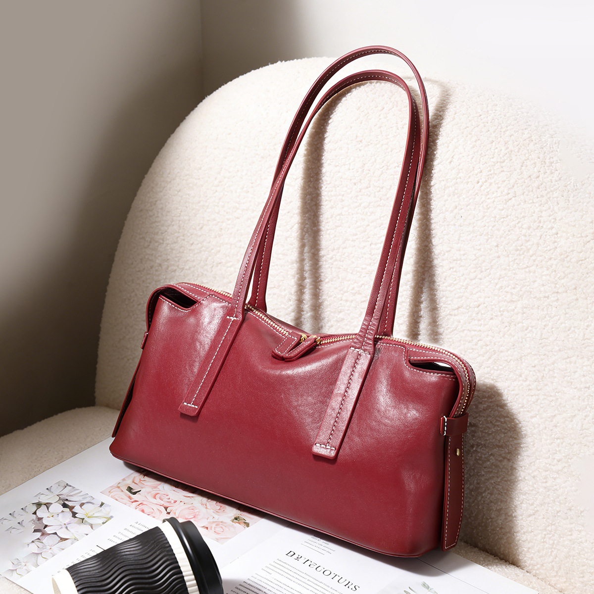 Oil-Wax Leather Long Shoulder Bag — Burgundy with Saddle Stitch