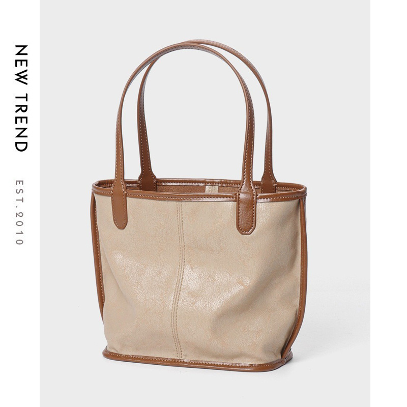 Oil-Wax Leather Mini Tote — Beige with Cognac Trim product image
