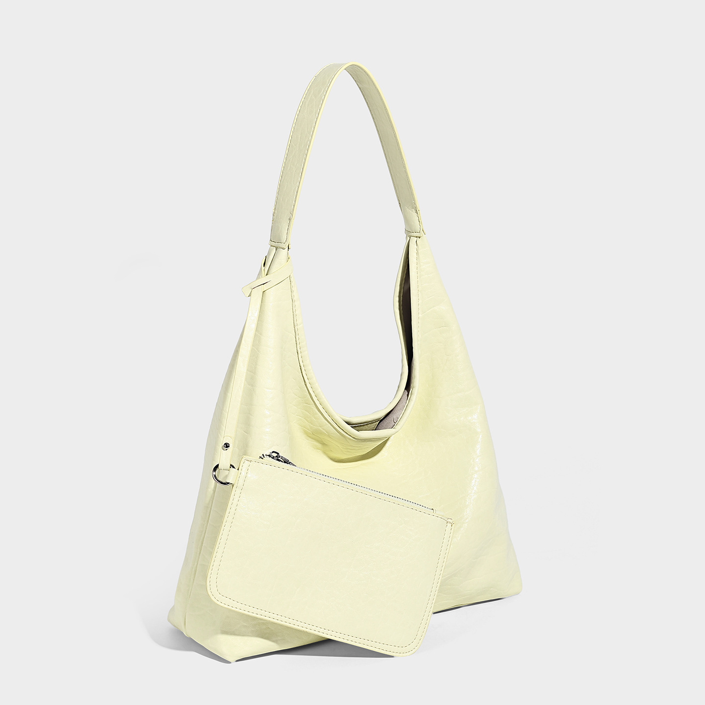 Oil-Wax Vegan Leather Large Hobo Shoulder Bag with Mini Pouch — Lemon