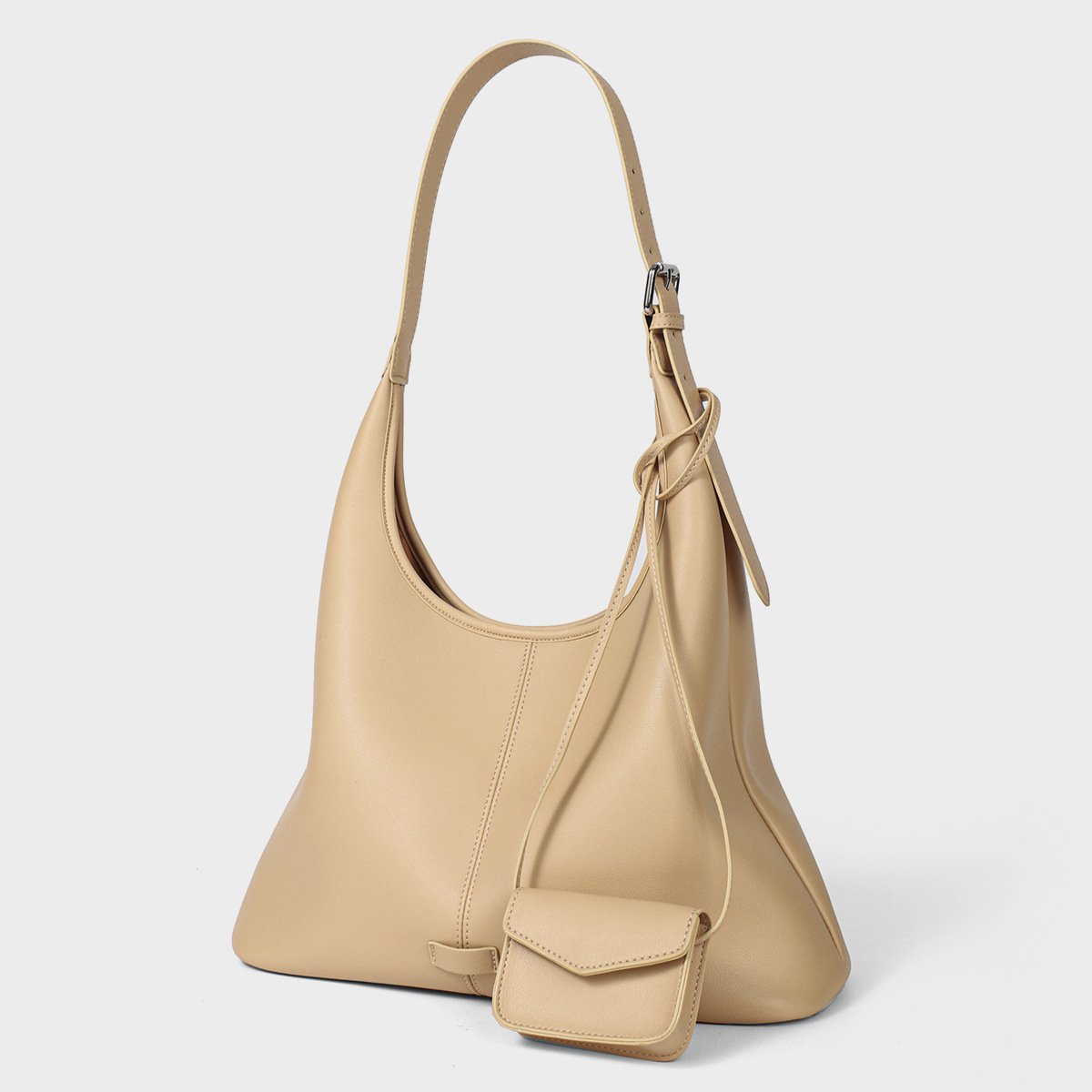 Oversized Leather Hobo Shoulder Bag — Beige with Detachable Mini Pouch product image