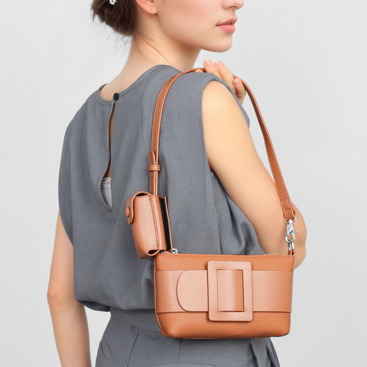 Pebbled Leather Baguette Bag — Tan with Buckle Detail & Pouch product image