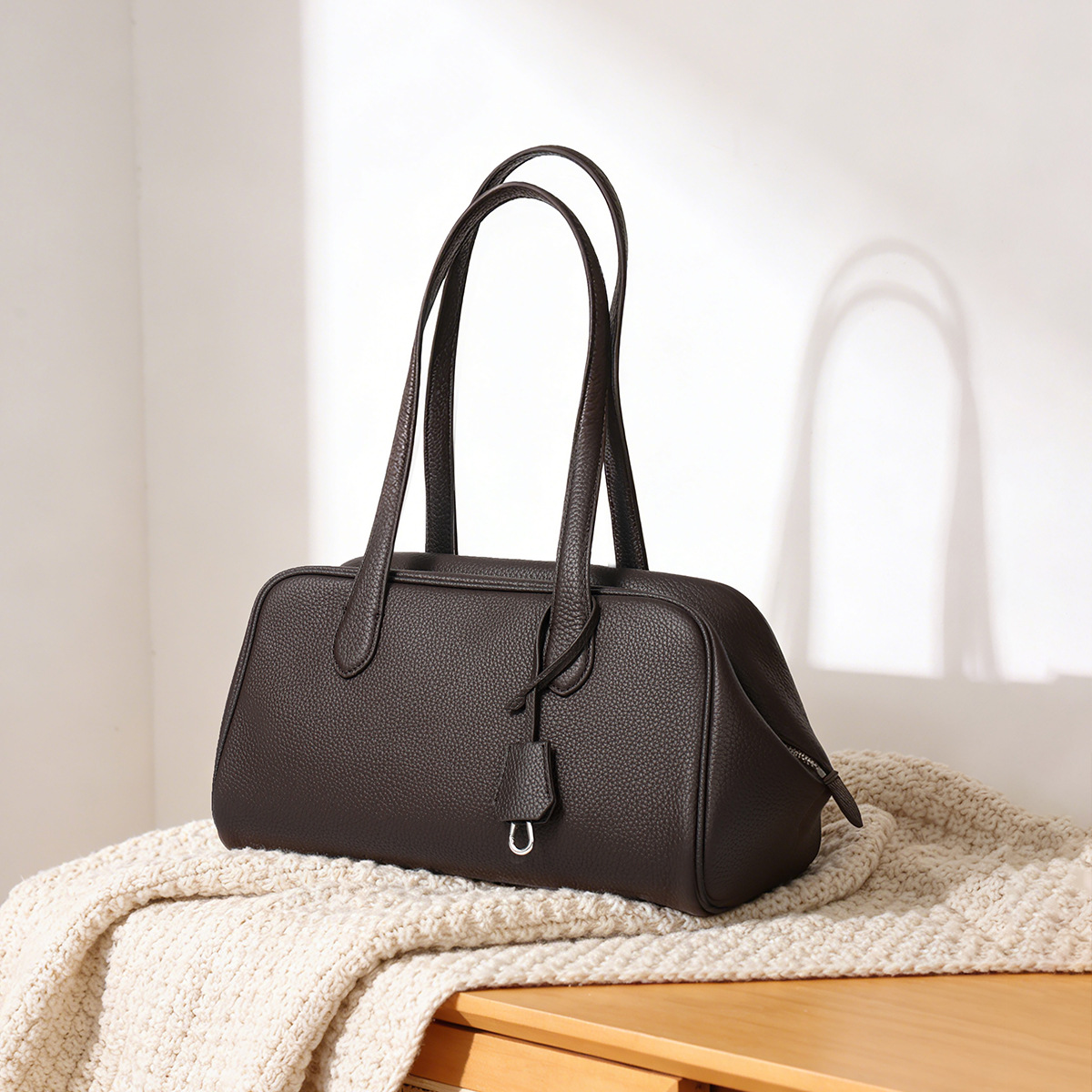 Pebbled Leather Elongated Boston Bag — Dark Brown with U-Clasp product image