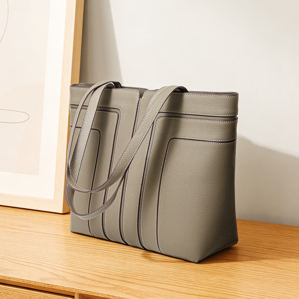 Pebbled Leather Large Structured Tote — Taupe Grey with Triple Strap