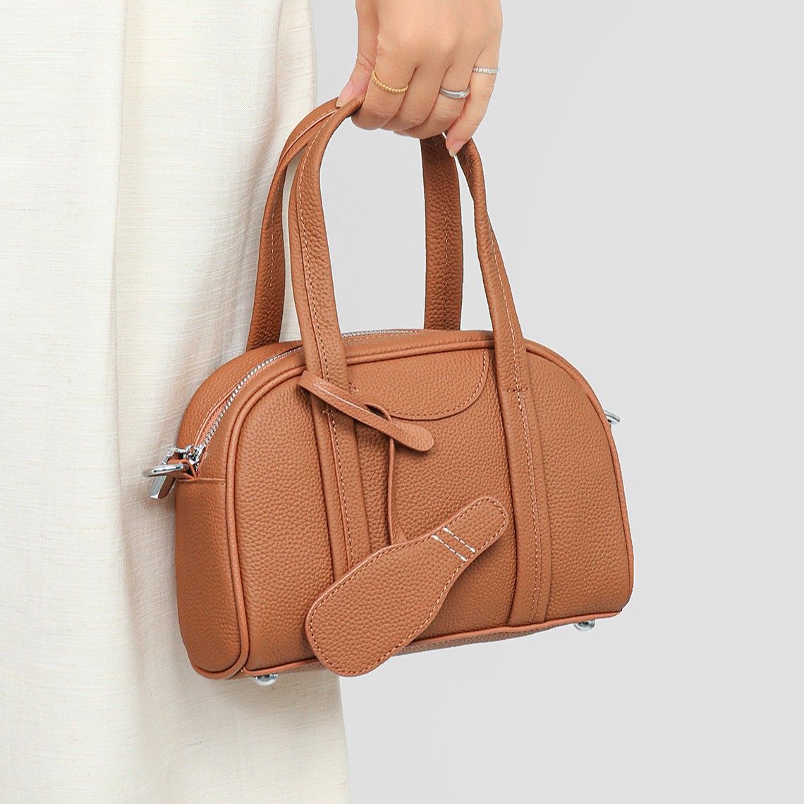 Pebbled Leather Mini Bowling Bag — Tan with Silver Feet product image