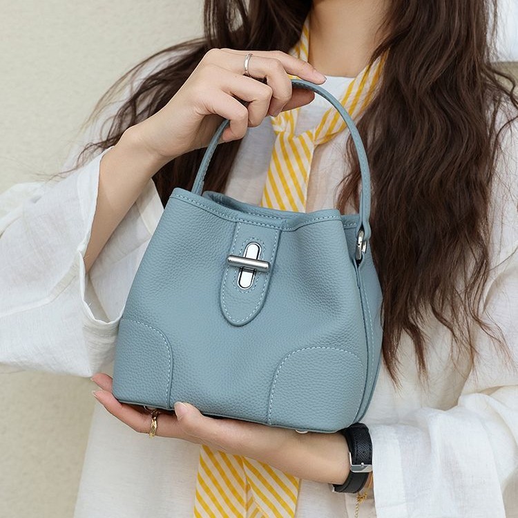 Pebbled Leather Mini Bucket Bag — Powder Blue with Cross-Lock product image