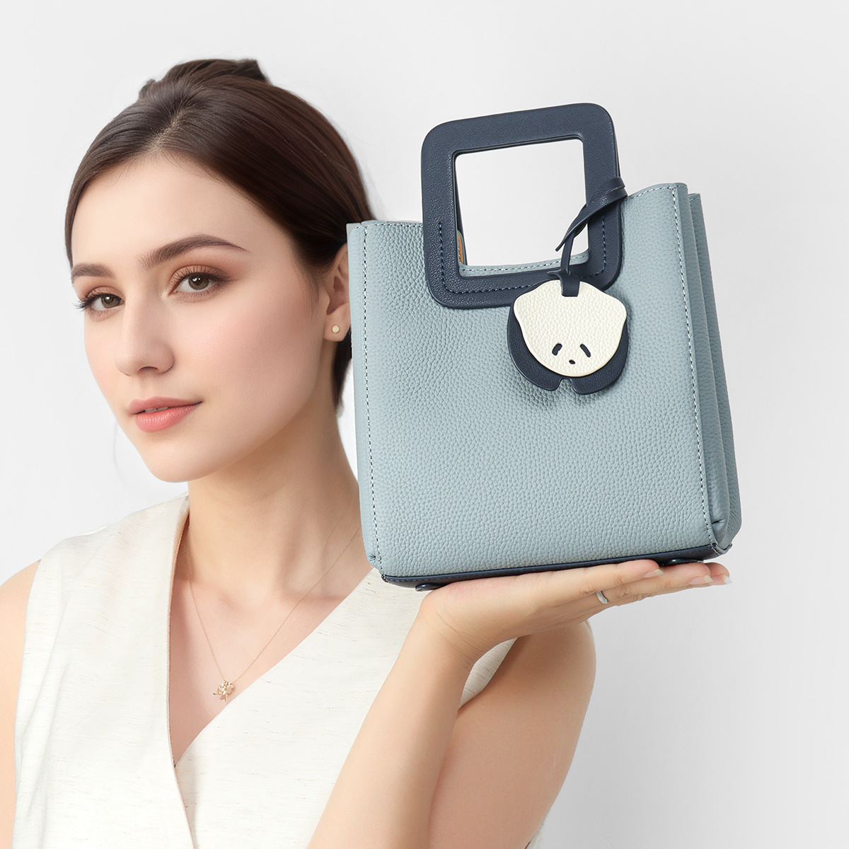Pebbled Leather Mini Structured Tote — Powder Blue with Panda Charm product image