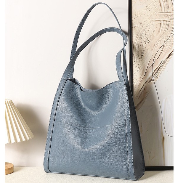 Pebbled Leather Open-Top Tote — Dusty Blue Large product image