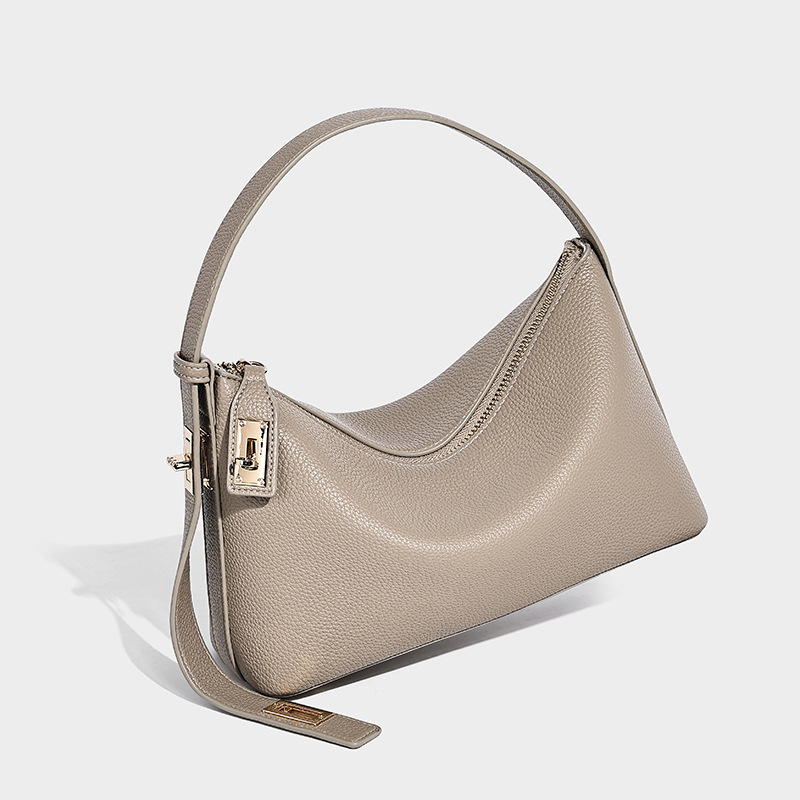 Pebbled Vegan Leather Crescent Underarm Bag with Gold Turn-Lock — Grey