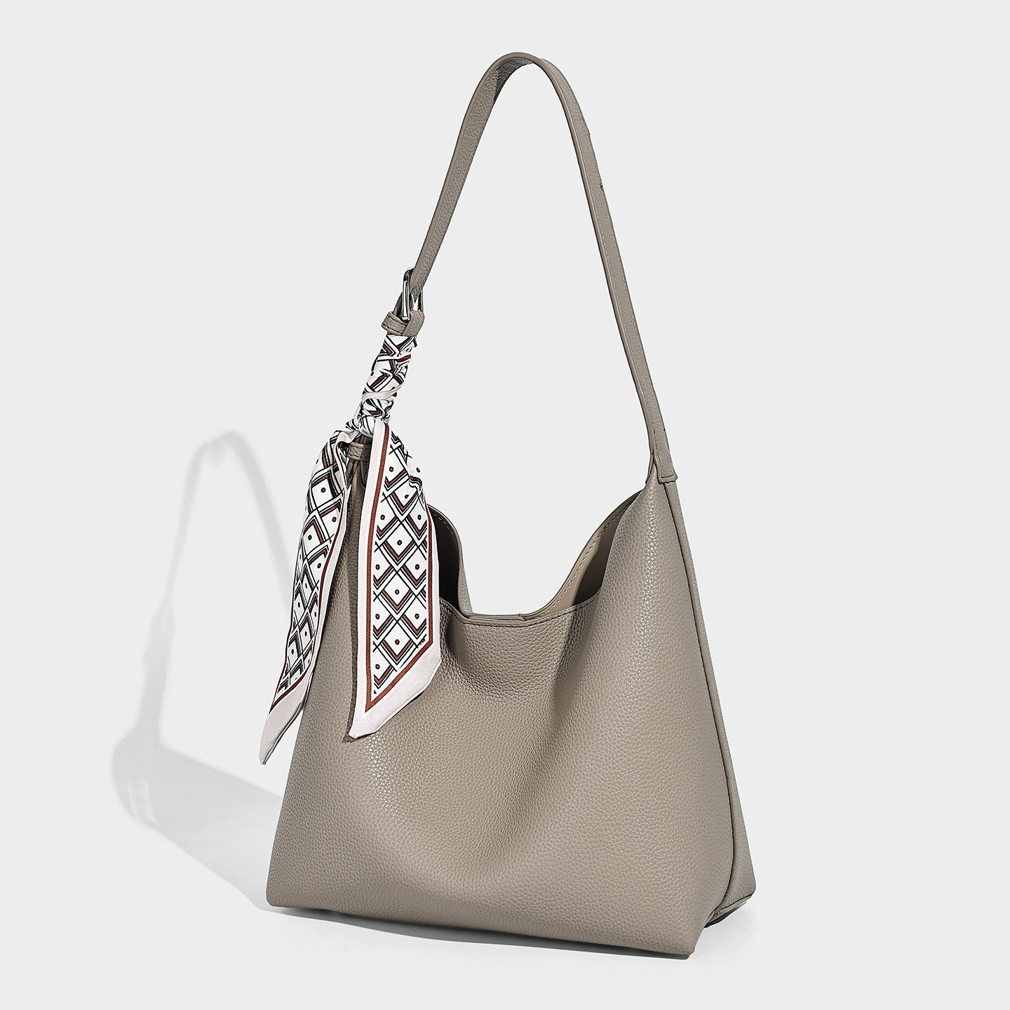 Pebbled Vegan Leather Large Hobo Shoulder Bag with Scarf — Taupe